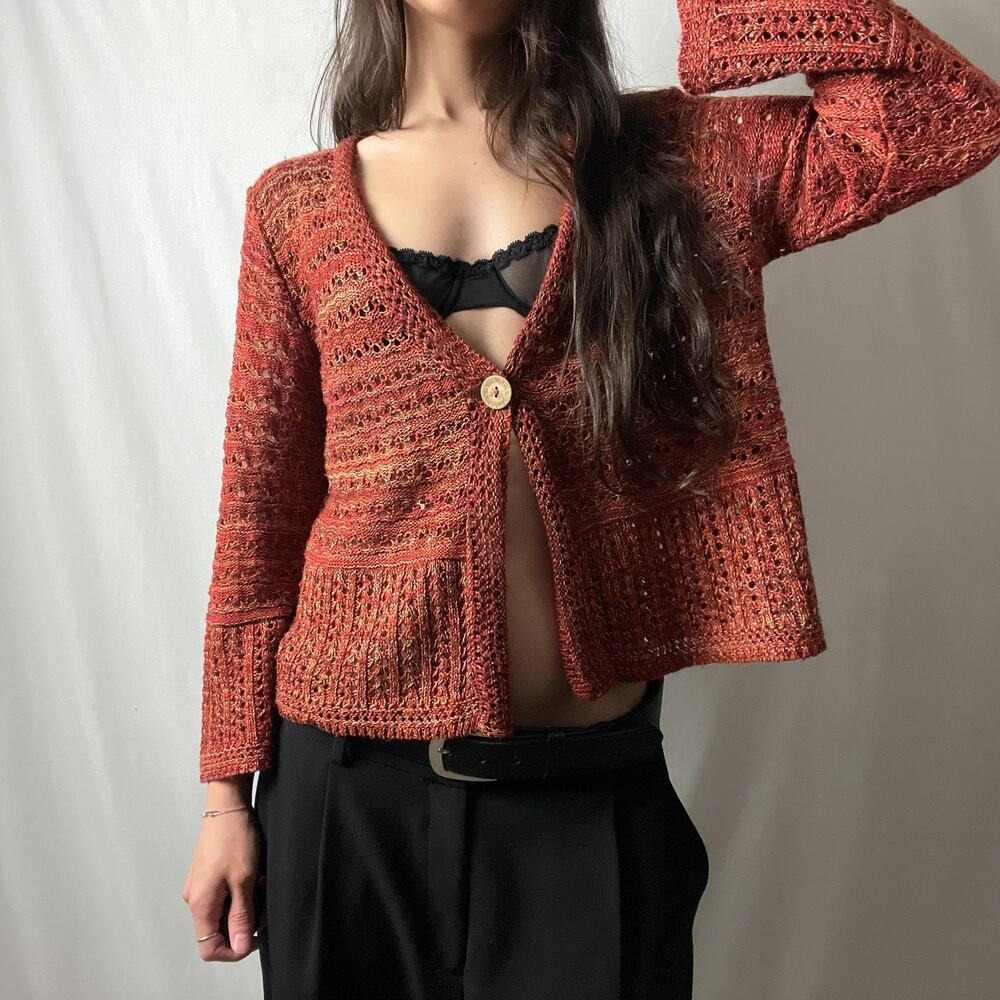 y2k vintage orange boho earthy cottagecore knit button cardigan sweater
